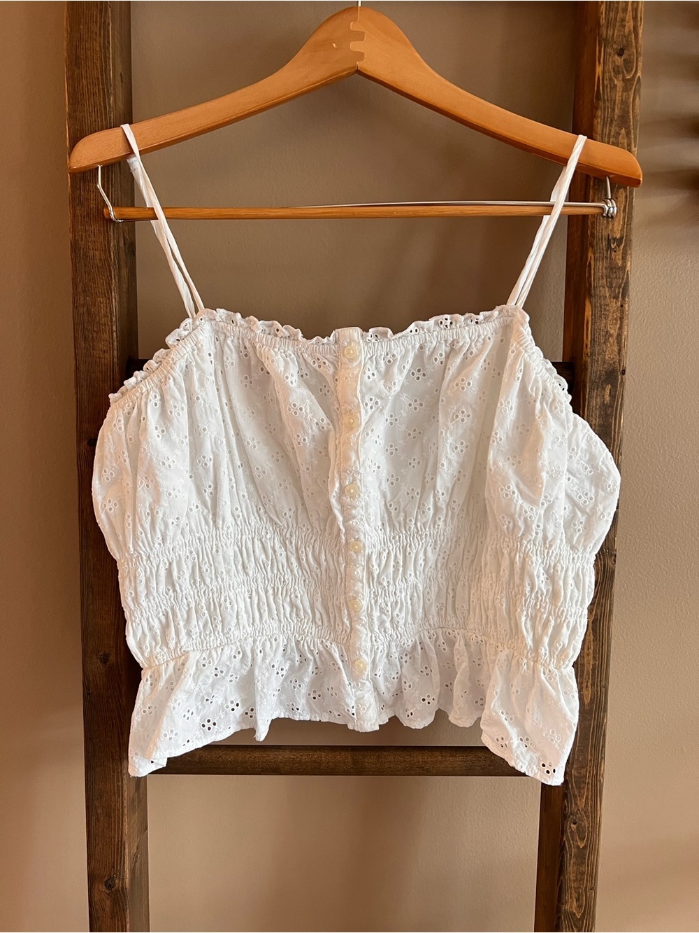 LOFT White Eyelet Smocked Cropped Tank